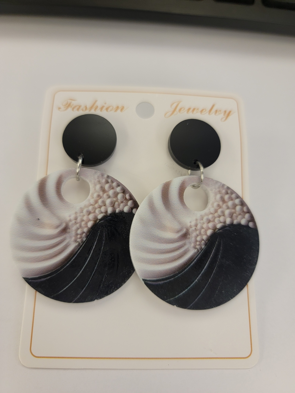 Black and Cream Swirl Hoop Drop Earrings